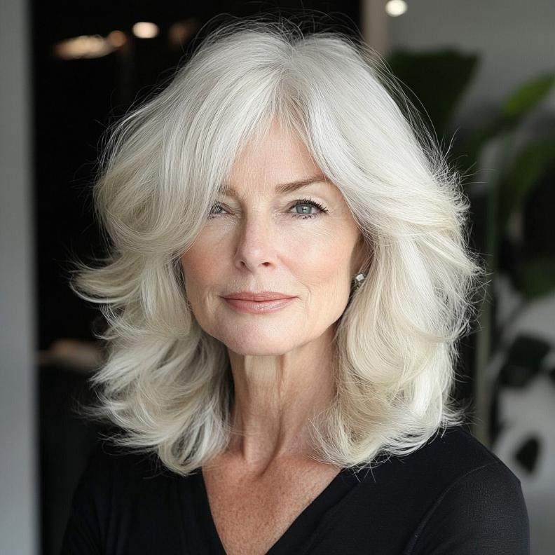 Shag hairstyle for women over 60 with soft waves and layers, providing a gentle and feminine look that's easy to maintain