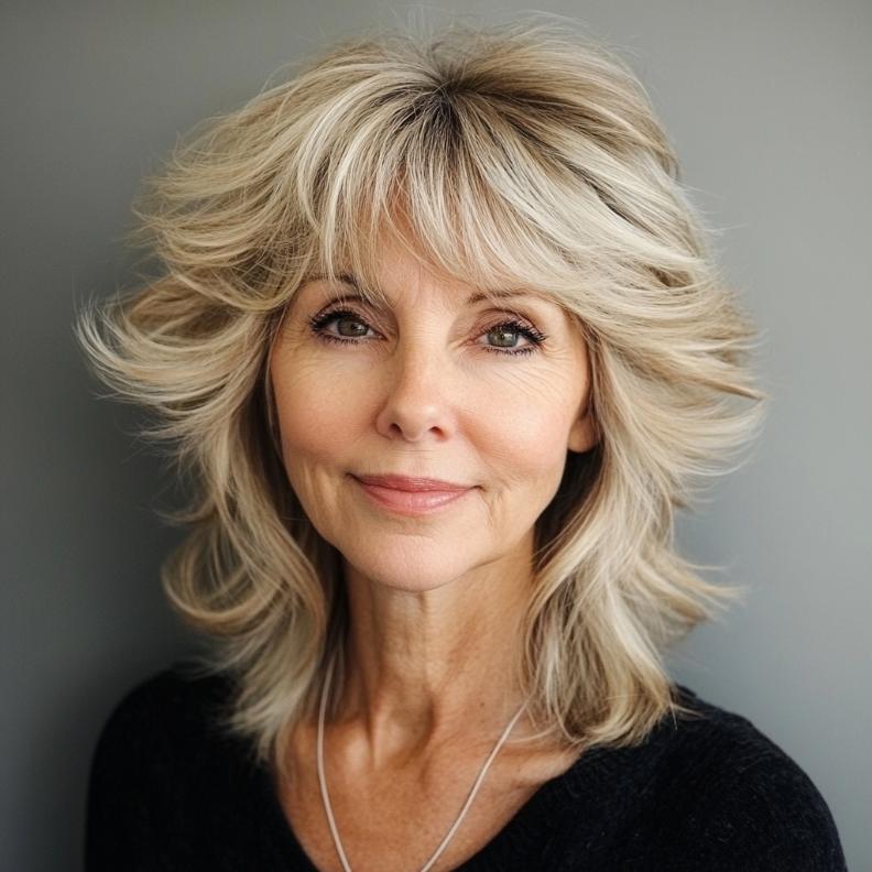 Shag hairstyle for women over 60 with swooping bangs, creating a soft and elegant appearance