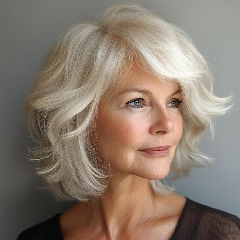 Shaggy bob hairstyle for women over 60, featuring soft layers for a chic and voluminous style.