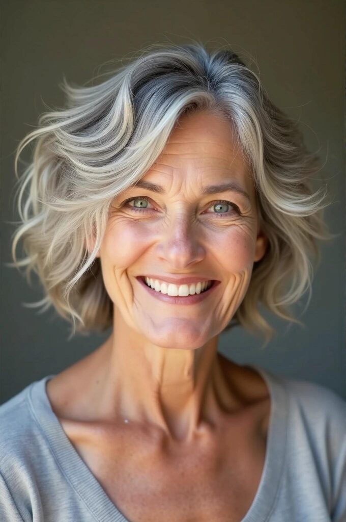 Shaggy bob medium-length hairstyle for women over 60, fun and flirty with a shaggy cut.