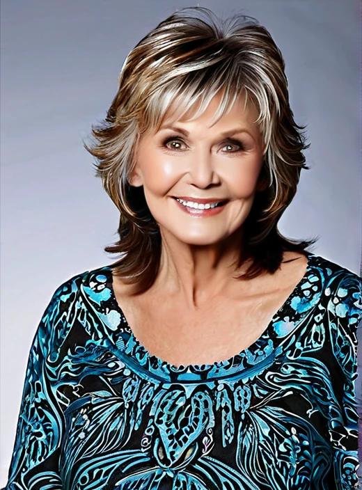 Shaggy layers medium-length hairstyle for women over 60, adding texture and body with layered hair.