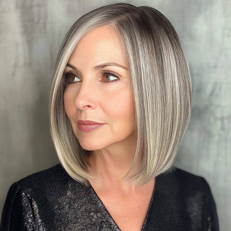 Sharp Angled Bob for women over 50, highlighting a sleek and angled cut that frames the face beautifully.