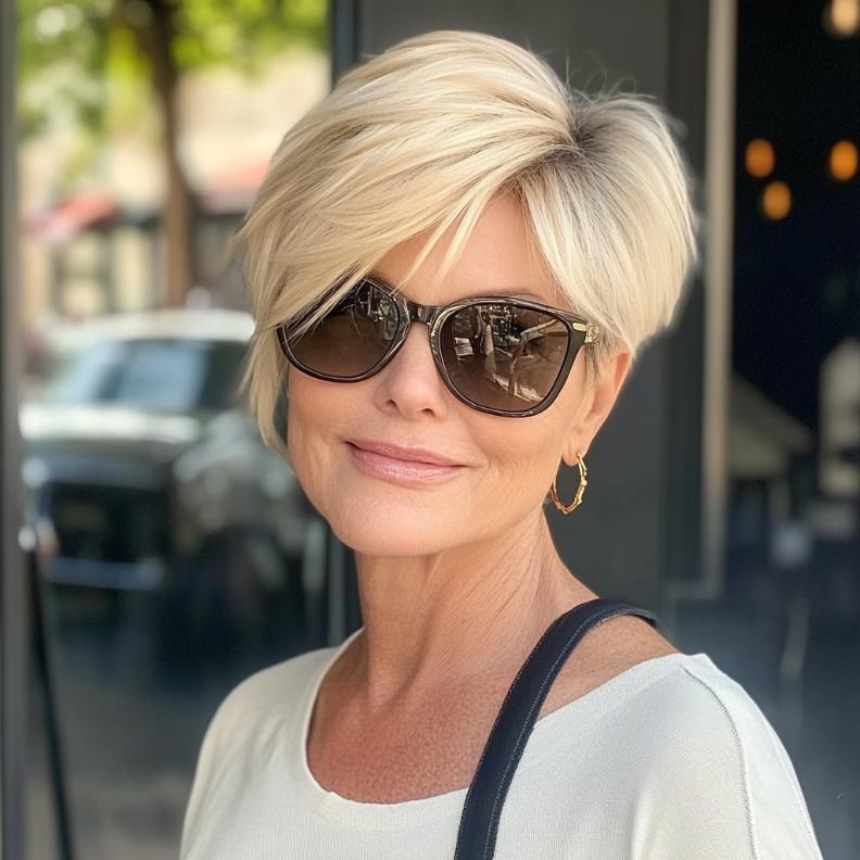 Short and Stylish Pixie Bob for women over 50, combining the edginess of a pixie cut with the elegance of a bob.