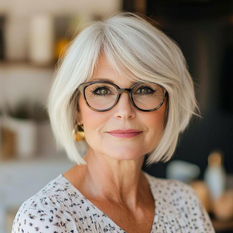 Short bob with feathered bangs for women over 70 with glasses, adding a gentle touch to the hairstyle.