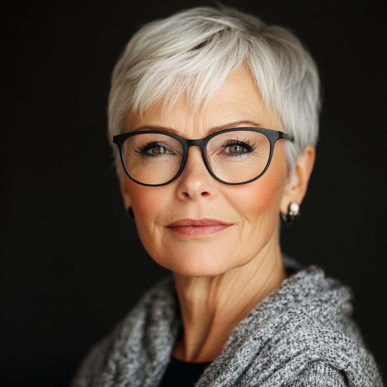 Short crop with side-swept fringe for women over 70 with glasses, offering a modern twist on a classic cut