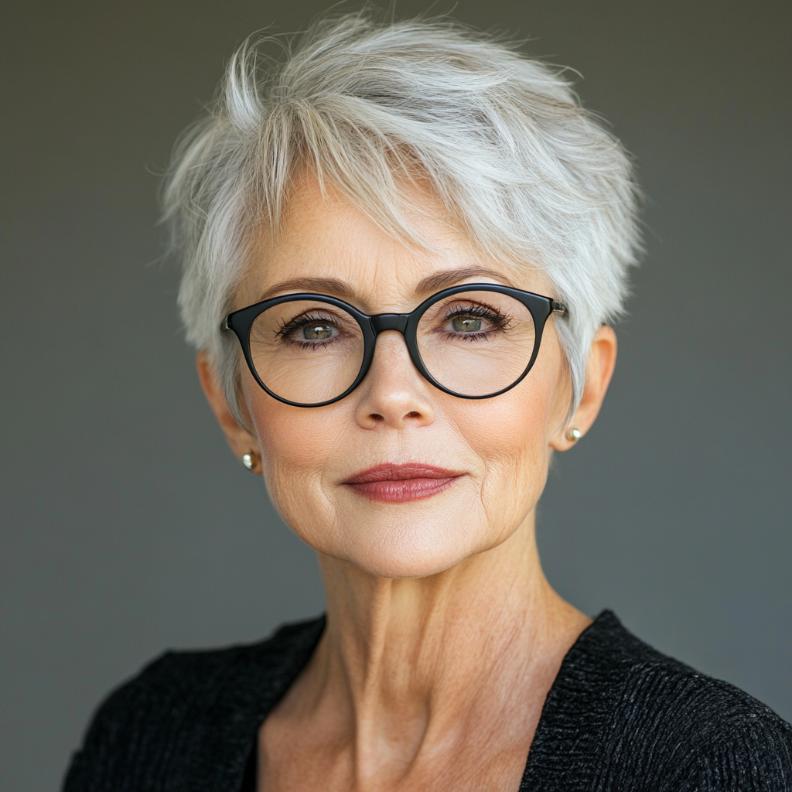 Short crop with tapered sides for women over 70 with glasses, creating a modern and easy-to-manage style.