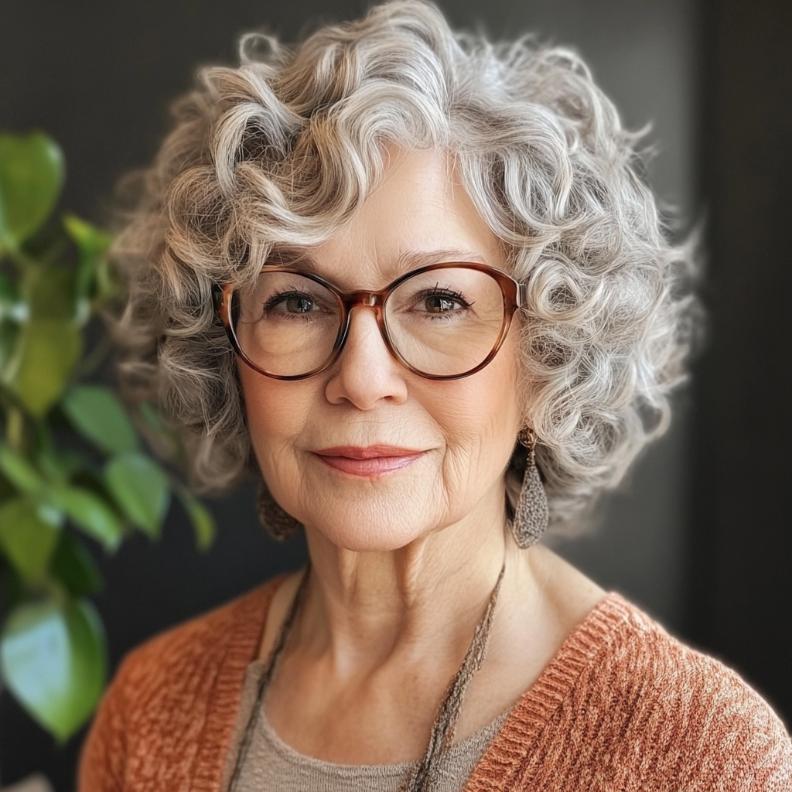 Short curls with a side part for women over 70 with glasses, emphasizing natural curls and softness.