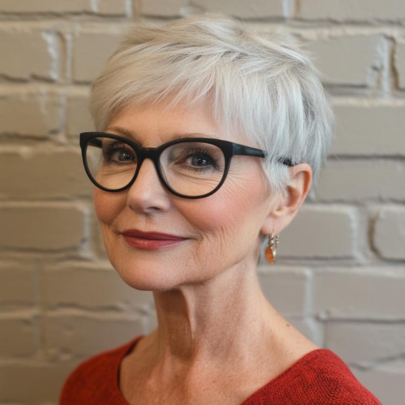 Short layered cut for women over 70 with glasses, adding texture and movement for a fresh appearance