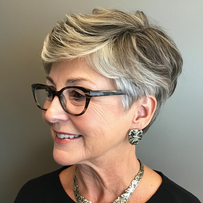 Short layered cut with a tapered back for women over 70 with glasses, offering volume on top and a sleek finish.