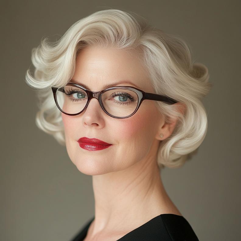 Short retro waves, a vintage-inspired short hairstyle for women over 50 with glasses, featuring soft, elegant waves.