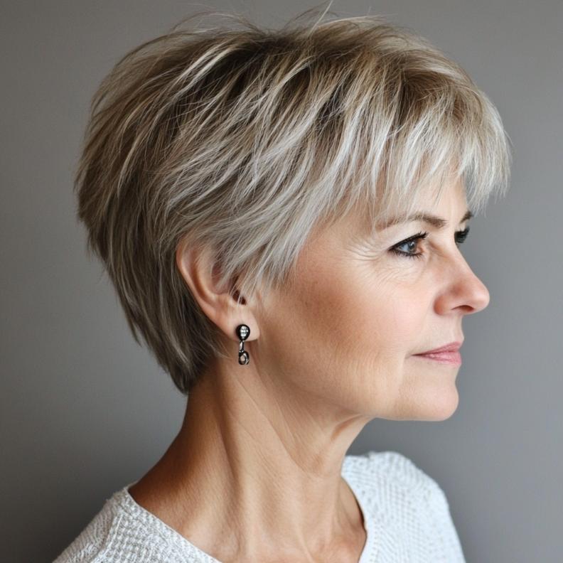 Short shag hairstyle for women over 60 with a tapered back, providing a neat and stylish appearance