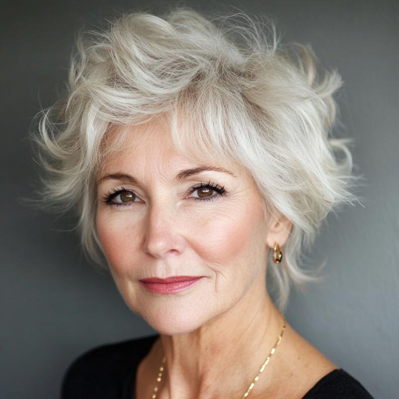 Short shag hairstyle for women over 60 with a voluminous crown, adding height and fullness for a youthful appearance