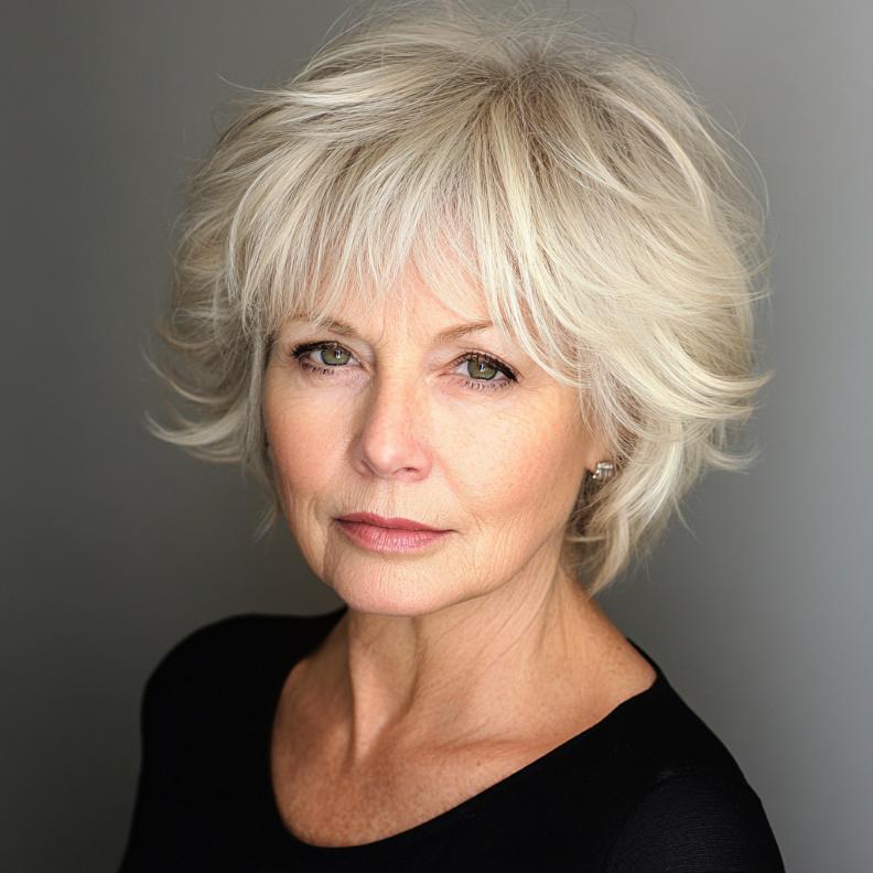 Short shag hairstyle for women over 60 with long bangs, combining the ease of short hair with the drama of extended bangs