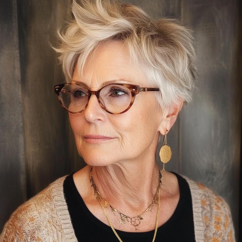 Short shaggy cut for women over 70 with glasses, providing a trendy and easy-to-manage hairstyle.