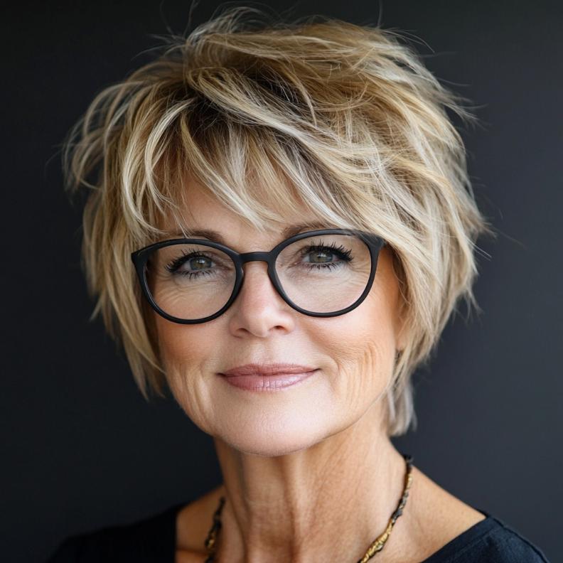 Short shaggy layers, a relaxed and carefree short hairstyle for women over 50 with glasses, perfect for a laid-back style.