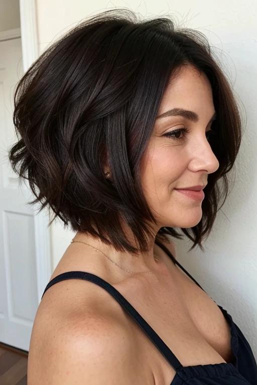 Short stacked bob for women over 50 with fine hair, creating a voluminous and structured silhouette.