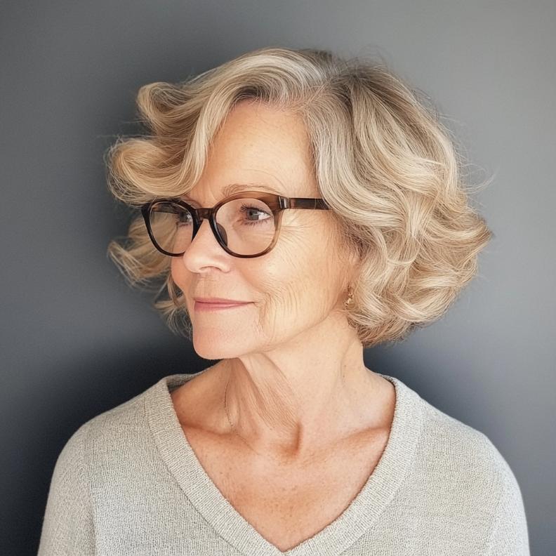 Short wavy bob for women over 70 with glasses, providing a relaxed and beachy vibe.