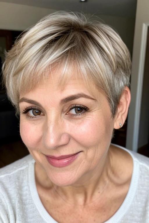 Short wavy pixie cut for women over 50 with fine hair, creating a textured, voluminous look.