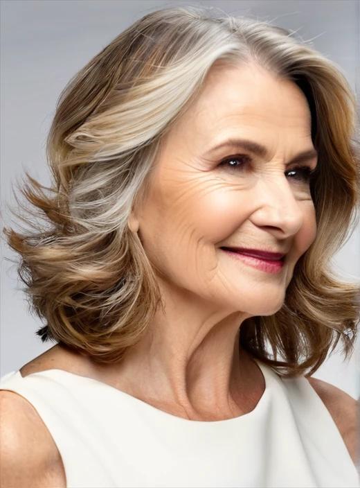 Shoulder-length balayage waves medium-length hairstyle for women over 60, featuring natural-looking highlights and soft waves.