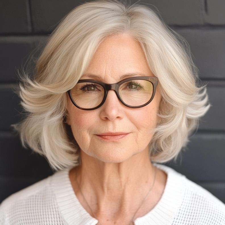 Shoulder-length layered bob for women over 70 with glasses, adding movement and lightness to the hair.