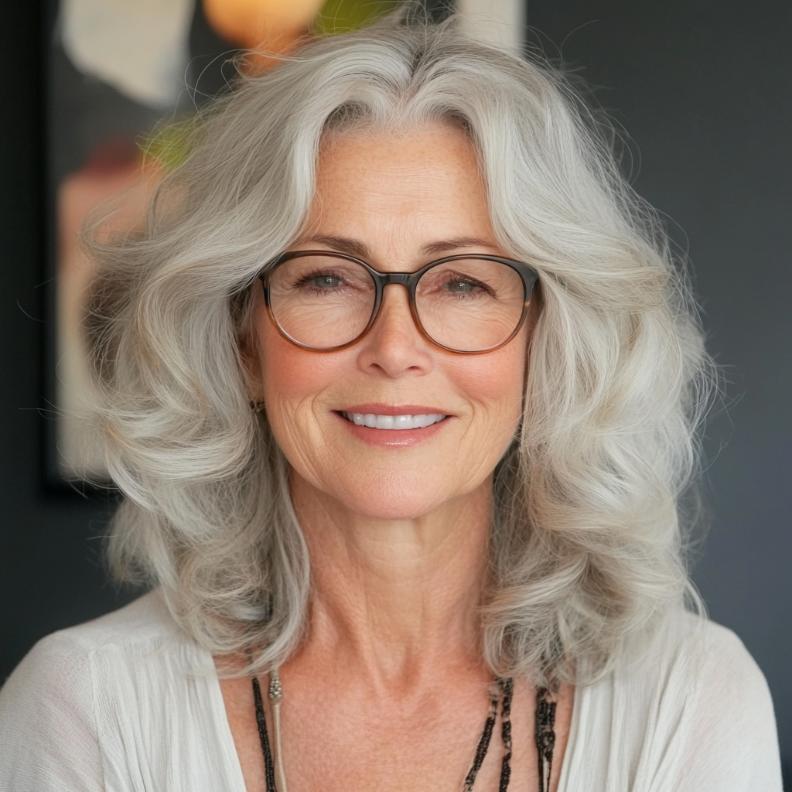 Shoulder-length waves for women over 70 with glasses, offering a youthful and relaxed style.