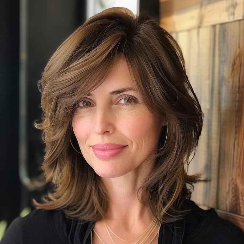 Side-Swept Bangs with Medium Length Hair for Women Over 40 with Thick Hair, adding a playful touch to a classic style.