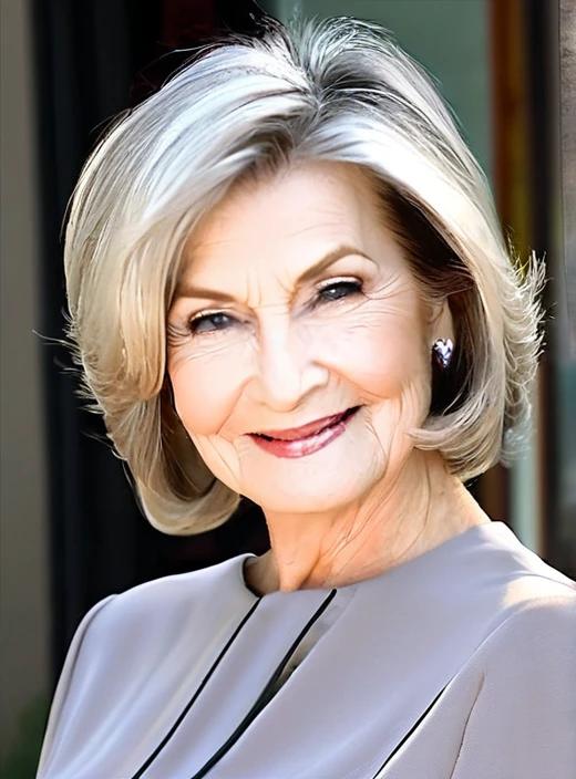 Side-parted lob medium-length hairstyle for women over 60, elegant and easy to maintain with a side part.