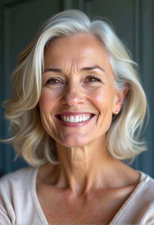 Side-parted waves medium-length hairstyle for women over 60, effortlessly stylish with a side part.