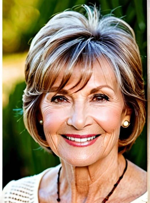 Side-swept bangs medium-length hairstyle for women over 60, framing the face beautifully with side bangs.