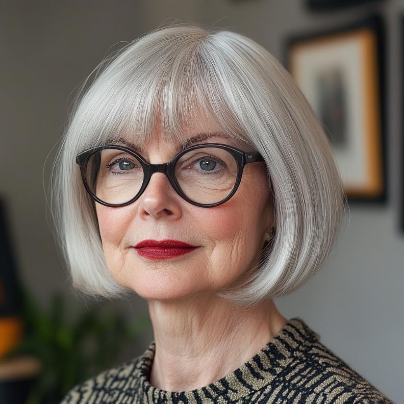 Side-swept bangs with a bob cut for women over 70 with glasses, framing the face with a stylish flair.