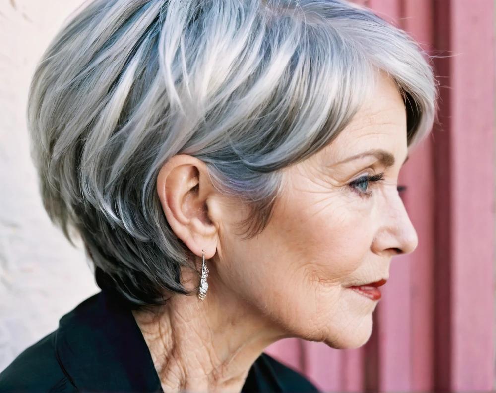 Silver pixie bob for a 60-year-old woman, blending edgy style with the elegance of silver tones.