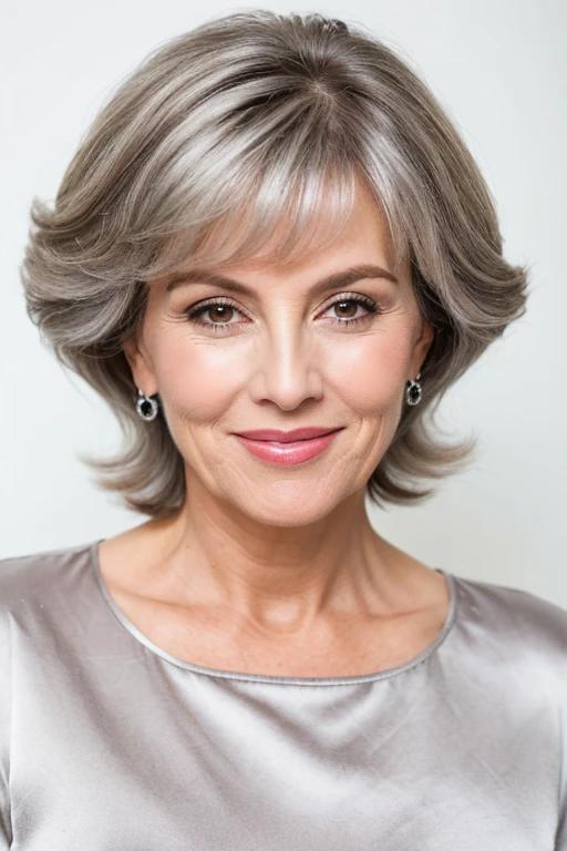 Silver pompadour with bangs for women over 50 with fine hair, combining a modern color with a voluminous style.