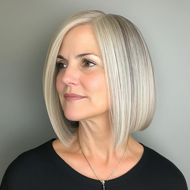 Sleek A-Line Bob for women over 50, featuring a longer front and shorter back, creating a flattering A-line shape.