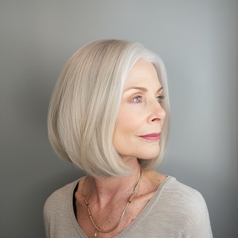 Sleek Blunt Cut Bob for Women Over 60 with Fine Hair, offering a polished, fuller look.