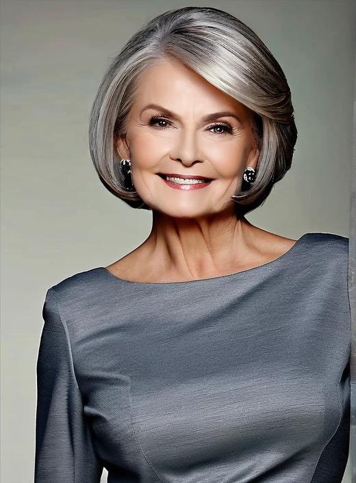 Sleek bob medium-length hairstyle for women over 60, smooth and polished for a refined look.