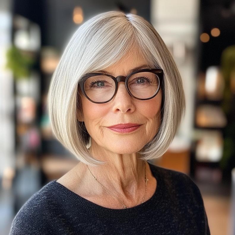 Sleek bob with side-swept bangs for women over 70 with glasses, offering a smooth and polished look