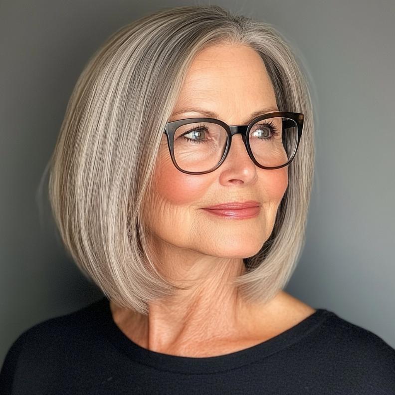 Sleek lob hairstyle for women over 70 with glasses, providing a sophisticated and elegant look