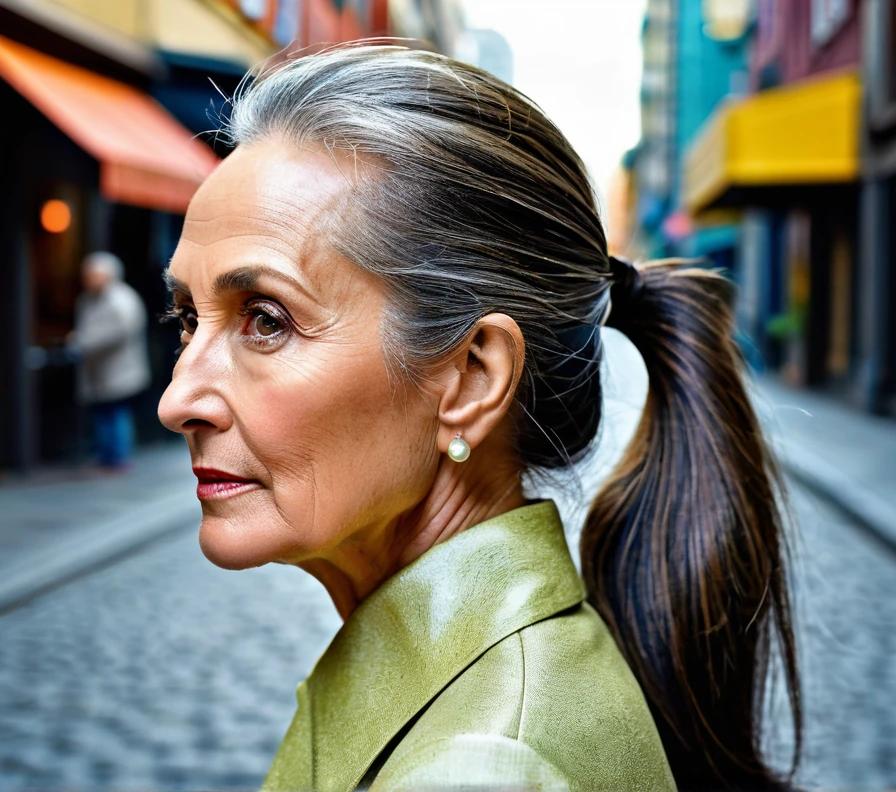 Sleek low ponytail for women over 50, a polished and easy-to-wear style for managing thick hair.