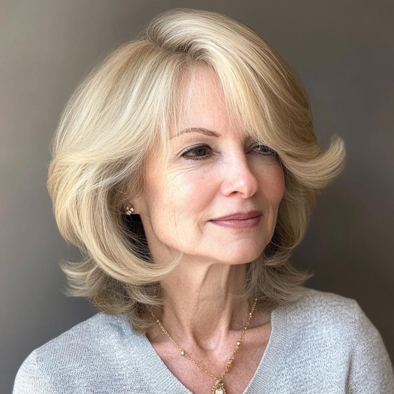 Soft Feathered Bob for women over 50, with light, feathery layers that create a gentle and airy feel.