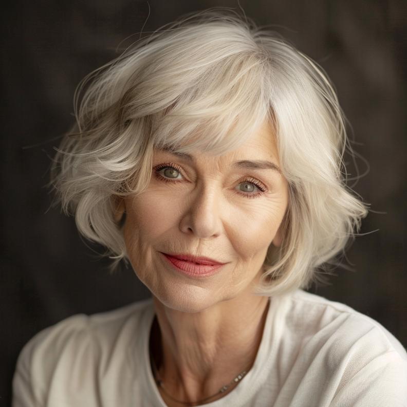 Soft Short Bob with Wispy Bangs for Women Over 60 with Fine Hair, offering a delicate, voluminous style