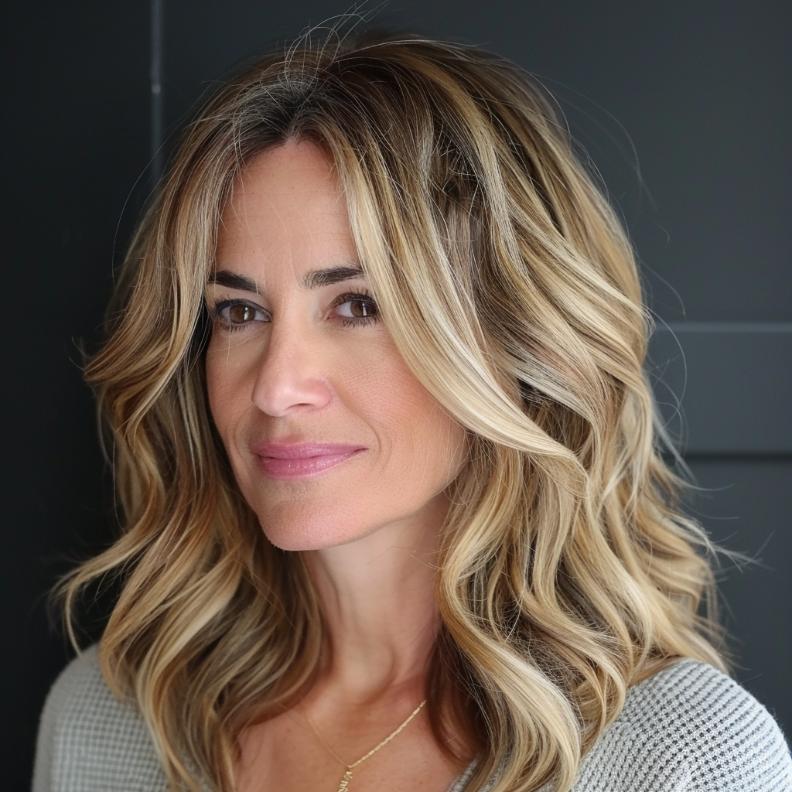 Soft Waves with Balayage for Women Over 40 with Thick Hair, blending natural waves with subtle, sun-kissed highlights