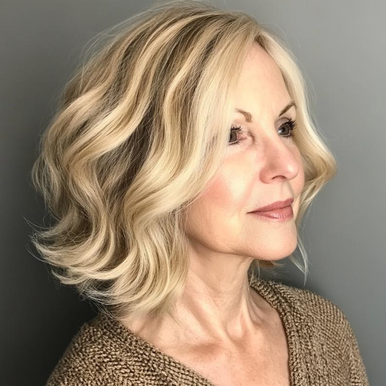 Soft Wavy Bob for women over 50, adding gentle waves for a relaxed and timeless look