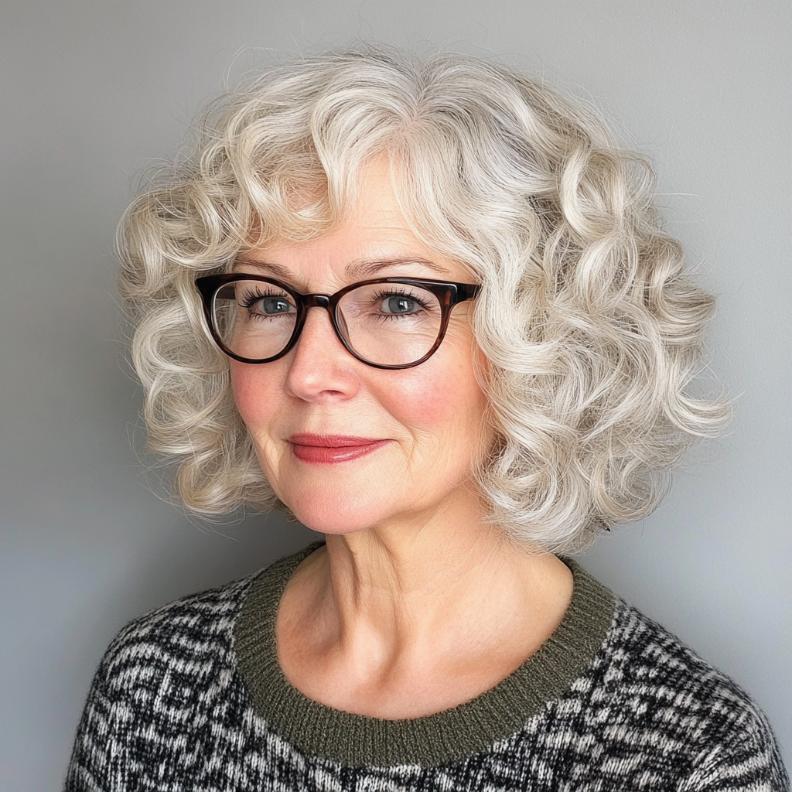 Soft curly bob for women over 70 with glasses, enhancing facial features with natural volume.