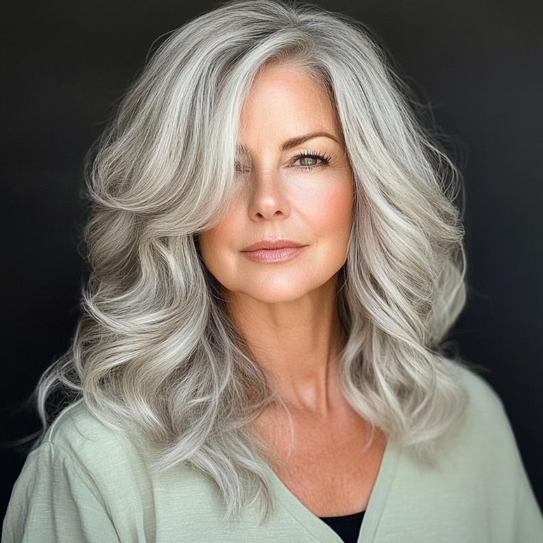 Soft gray loose waves with a deep side part for women over 50, creating a glamorous and voluminous look.