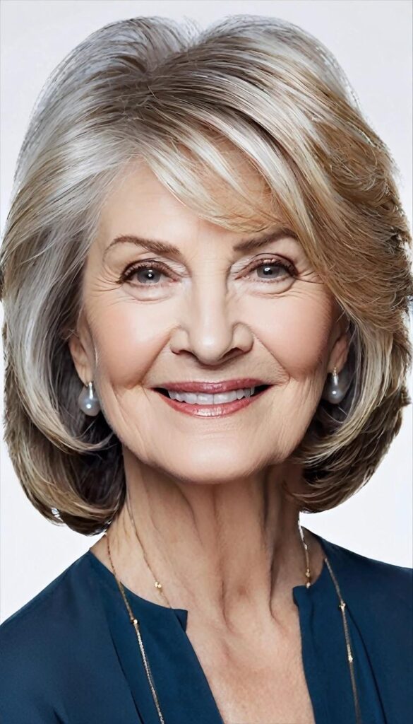 Soft layered lob medium-length hairstyle for women over 60, adding volume and movement with subtle layers