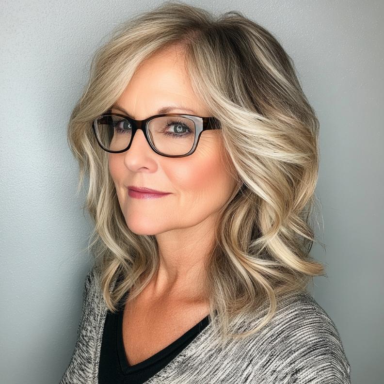 Soft layers paired with a middle part, creating a balanced and classic look for women over 40 with glasses.