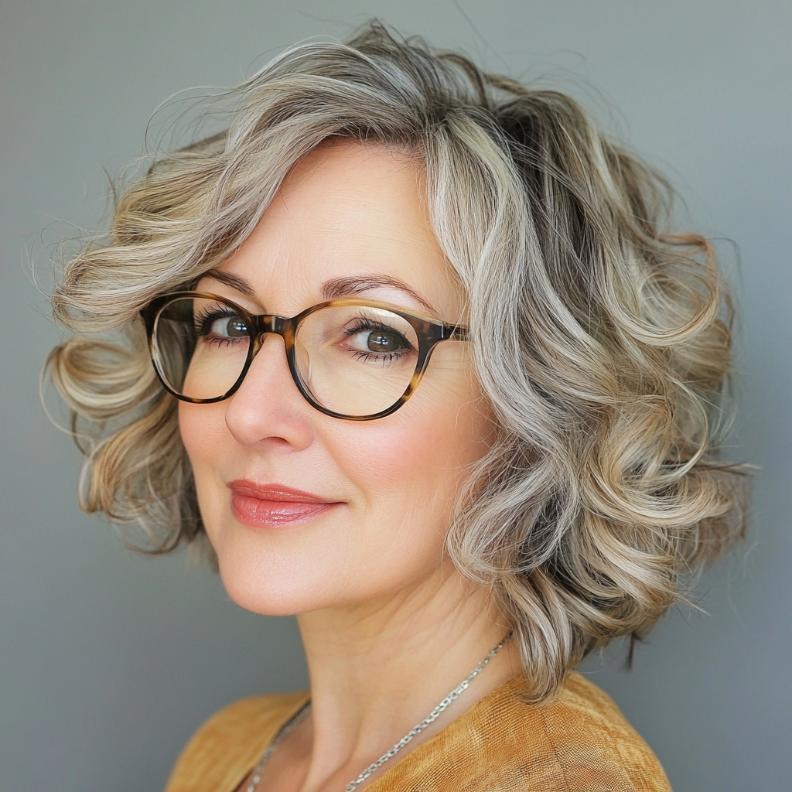 Soft, voluminous curls with a deep side part, adding elegance and sophistication to women over 40 with glasses.