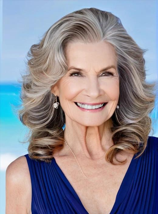 Soft waves medium-length hairstyle for women over 60, featuring gentle and flowing waves.