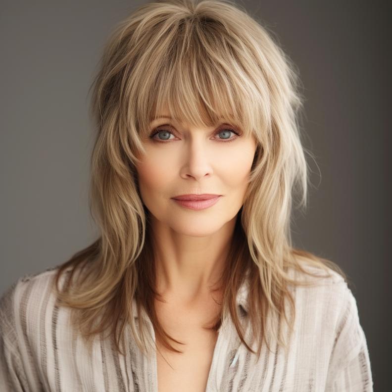 Soft, wispy layers with bangs for women over 50, providing a gentle and flattering look for thick hair.