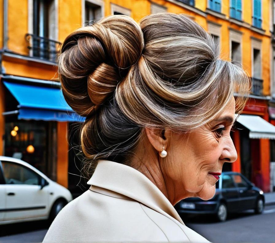 Sophisticated French twist for women over 50, a classic updo that elegantly manages thick hair.